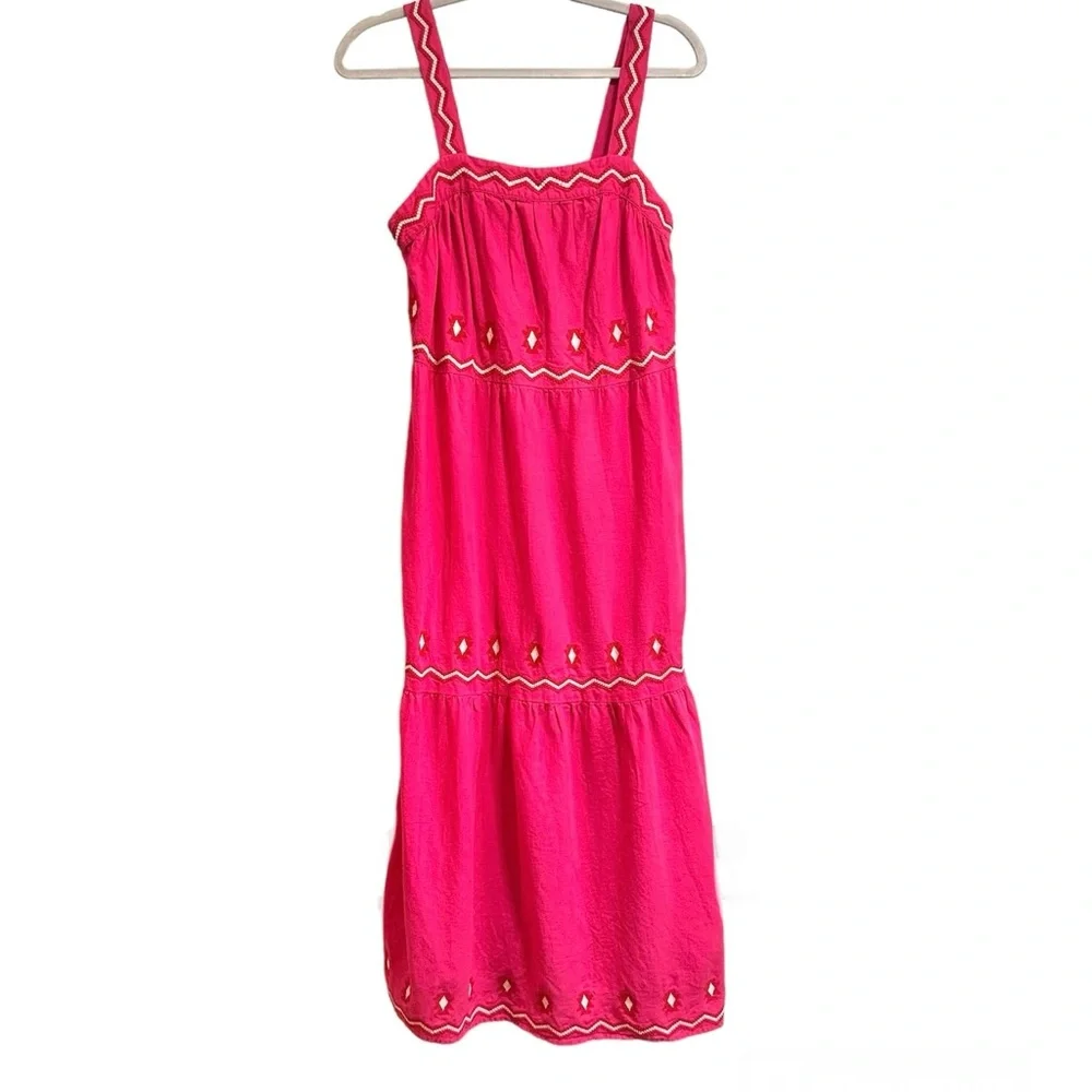 Loft Embroidered Linen blend Boho tiered bright Pink Midi Dress, size small